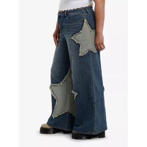 Hot Topic Star Patchwork Wide Leg Jeans Streetwear Blue Denim Womens Plus 26 NEW